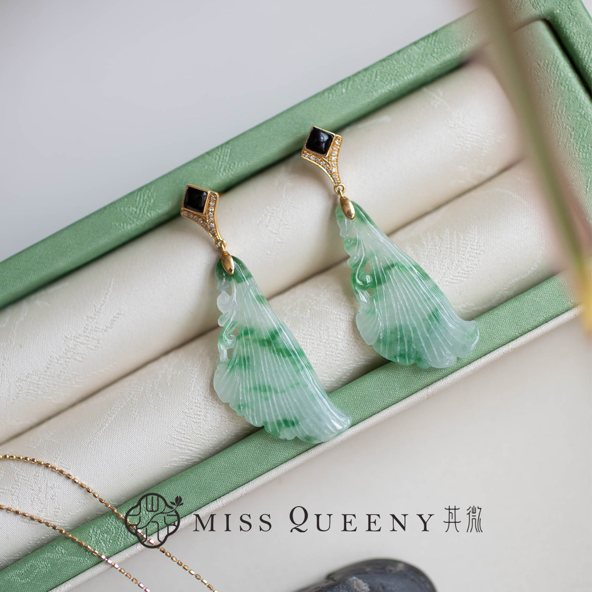 MissQueeny其微|18k金美人鱼尾翡翠花片耳钉黑玛瑙精致高级优雅