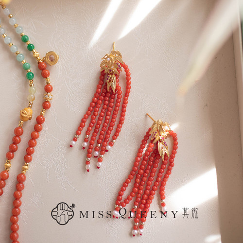 MissQueeny其微|红sh流苏耳钉纯银优雅高级复古新中式