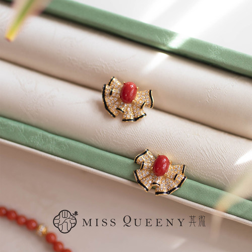 MissQueeny其微|红sh扇形耳钉纯银精致时尚气质闪亮新中式
