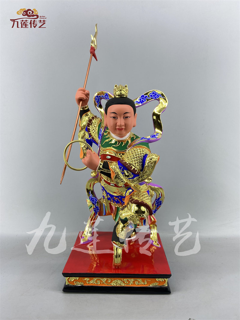 木雕人物神像中坛元帅哪吒香樟木漆线雕方形底座传艺木雕家居供奉