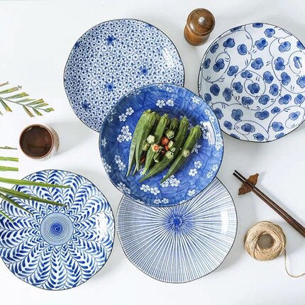 日本进口圆盘美浓烧餐具家用盘子青花复古陶瓷日式深盘8英寸大盘