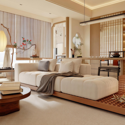 宋式美学实木沙发别墅会所酒店直排布艺沙发民宿售楼处原木风沙发