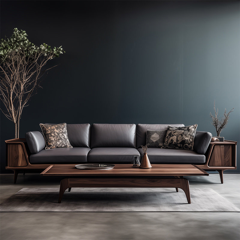 新中式黑胡桃木沙发2025新款高端实木真皮三人位直排沙发办公室