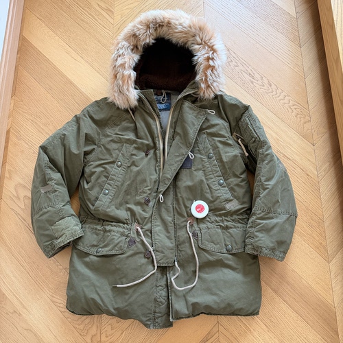 RL老款重磅羊皮毛一体毛领复古做旧补丁羽绒服parka大衣外套