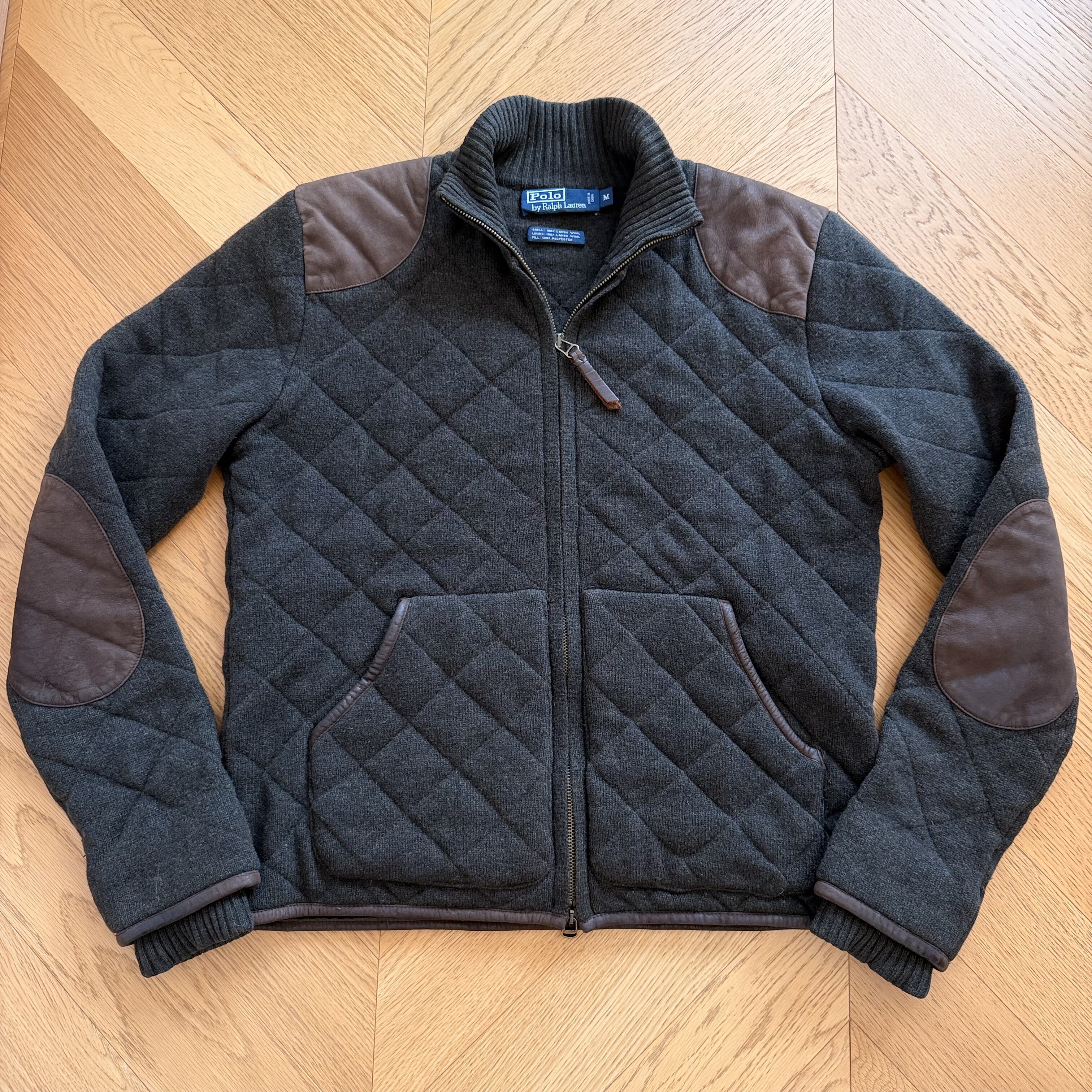 RL早期老款夹棉羊皮拼接复古羊毛猎装开衫针织衫夹克