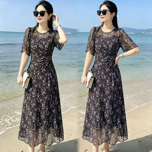 碎花短袖连衣裙2026夏季新款时尚显瘦气质过膝长裙中青年妈妈女装