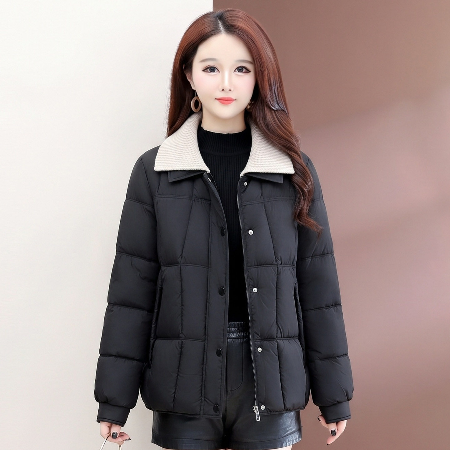 时尚保暖短款棉衣外套女2026冬季新款气质翻领中青年妈妈棉袄棉服