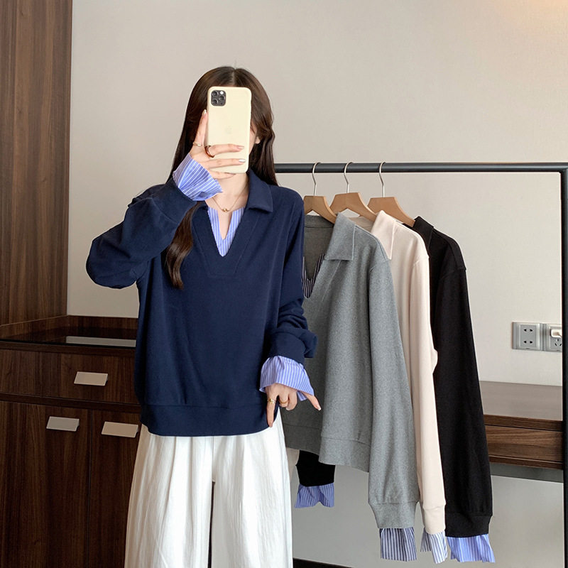 中青年女大码胖mm韩系撞色假两件翻领条纹套头卫衣上衣女2026秋装