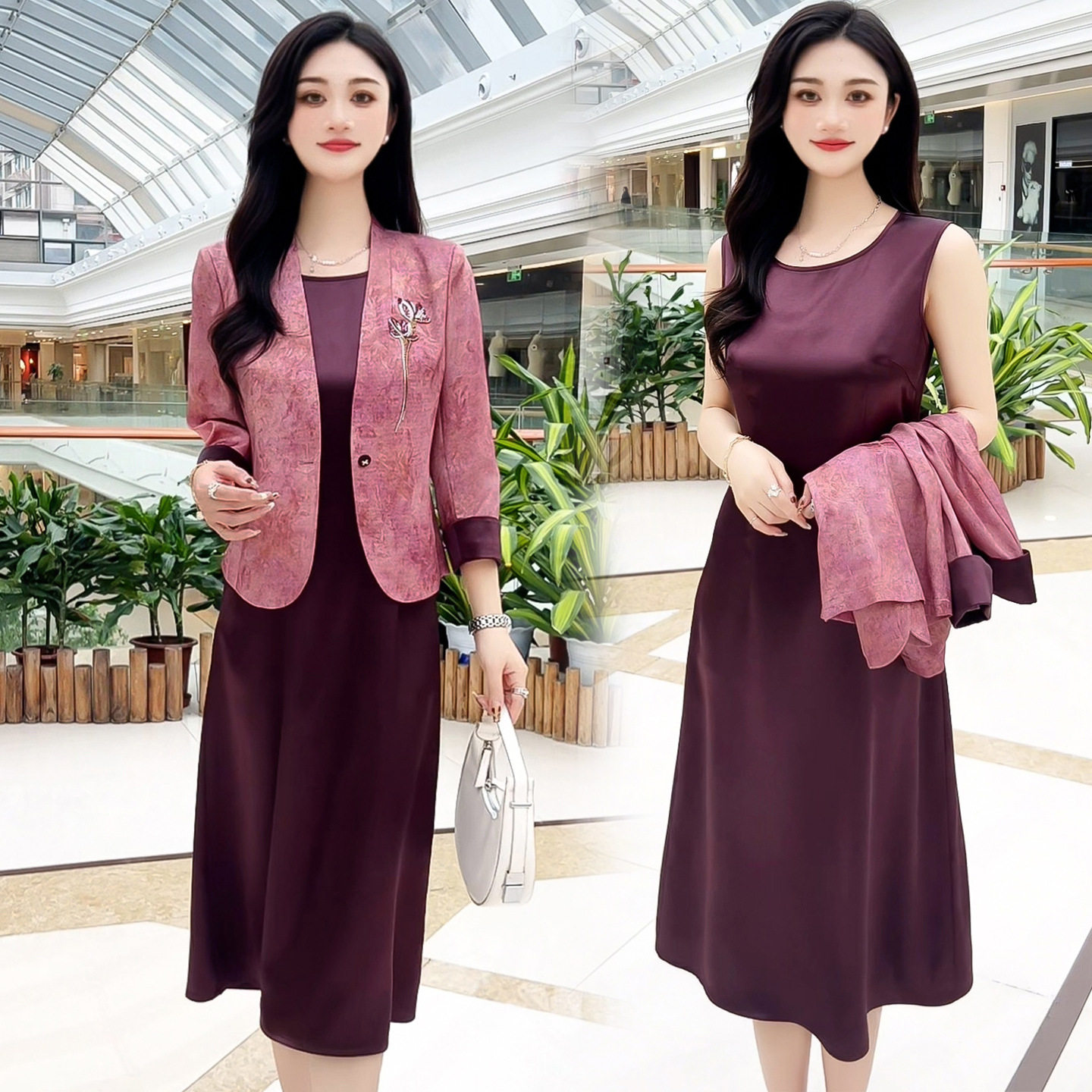 中长款两件套连衣裙女新款2026年春秋季气质小西服背心连衣裙套装