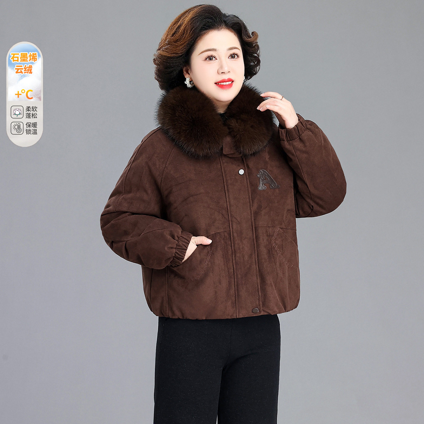 中老年大毛领女装短款夹棉外套2026秋冬新款气质小个子冬棉衣棉服