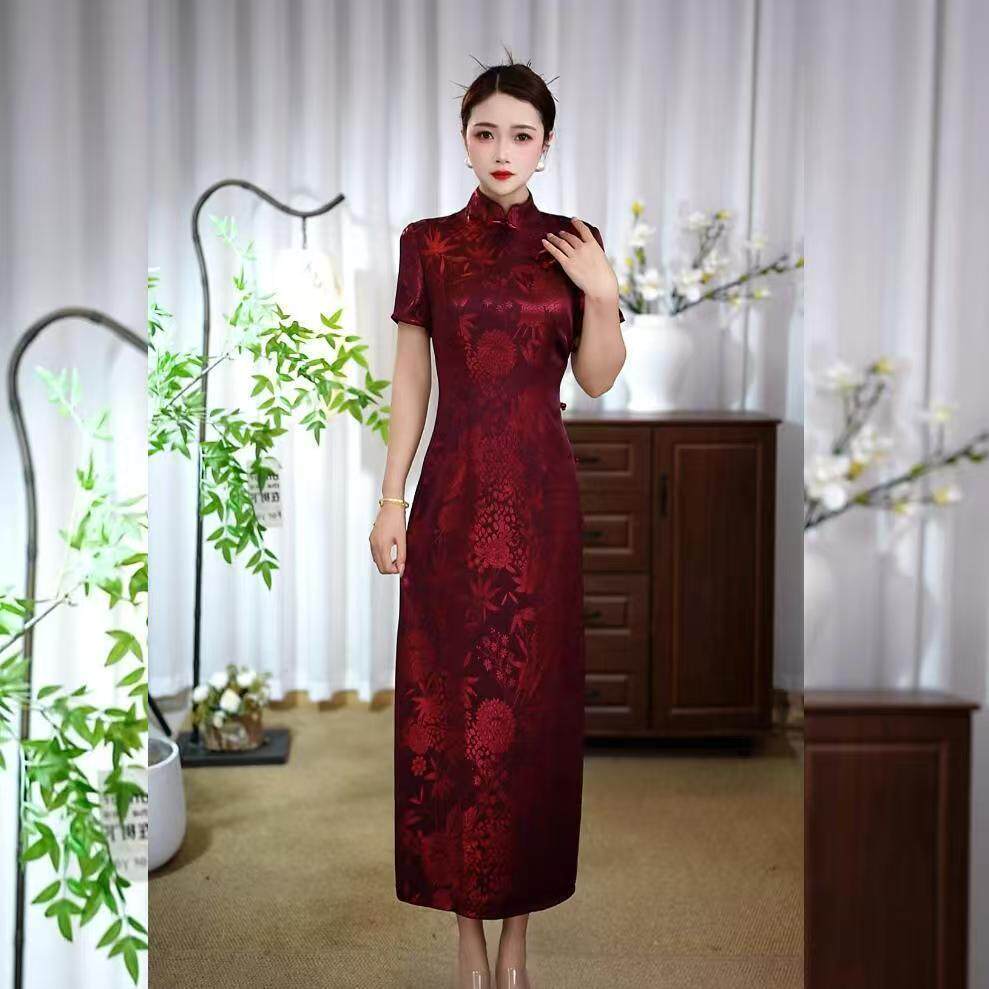 红色旗袍敬酒服新中式订婚衣服结婚礼服喜婆婆夏季缎面短袖连衣裙