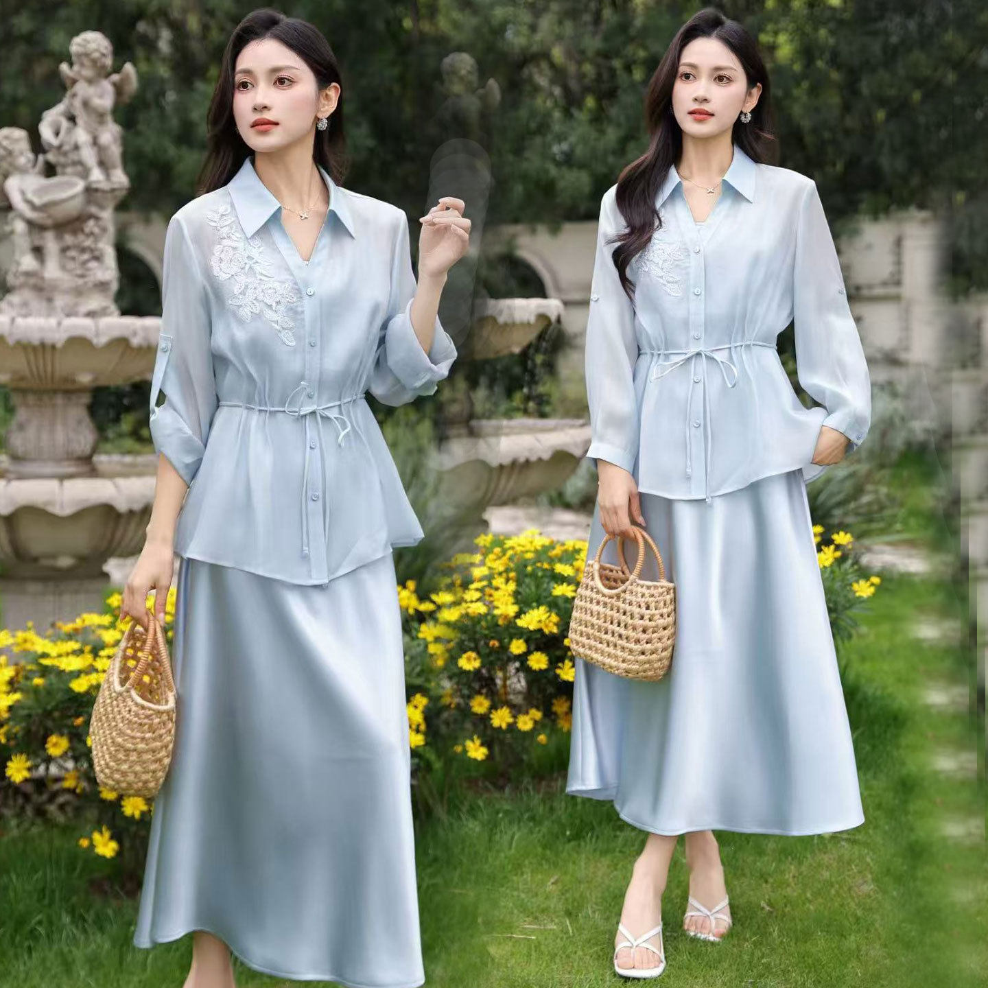中青年女装长袖衫吊带连衣裙两件套装2026夏季新款气质衬衫套装裙