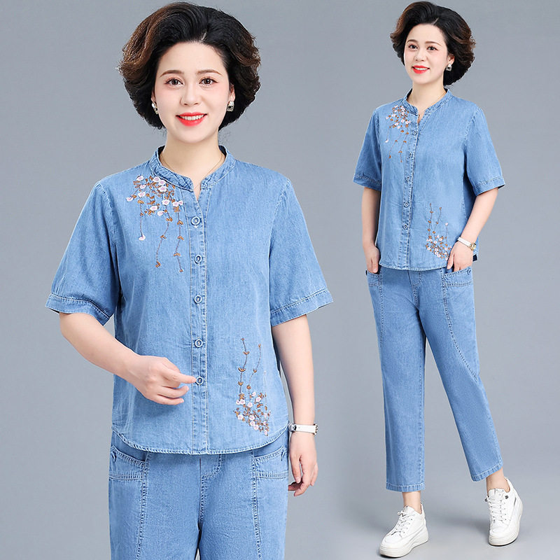 婆婆妈妈装短袖衫长裤上下套装2025夏季中老年女时尚牛仔两件套裤