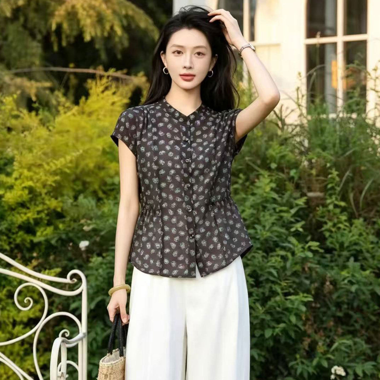 中青年女装时尚短袖小衫2026新款印花文艺经典衬衣凉爽衬衫小个子