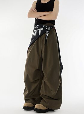 8XL-M 美式复古撞色屁帘工装伞兵裤男褶皱设计感宽松阔腿裤P68