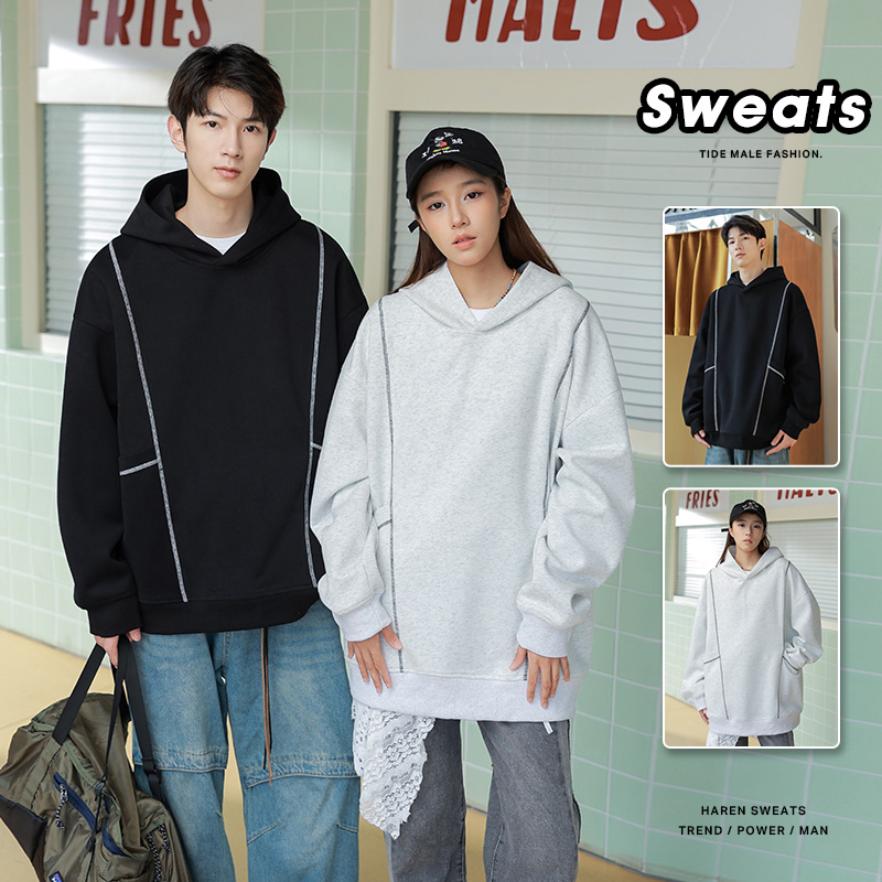 连帽卫衣男春秋季2025新款潮流套头宽松上衣服青少年结构分割外套