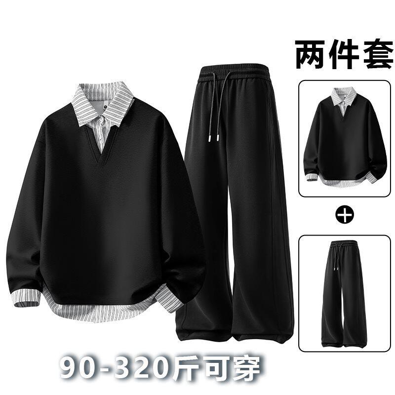 西装领春秋季新品爆款休闲运动套装男士大码圆领卫衣卫裤男时尚百