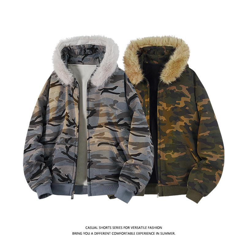 优续2025冬季美式复古迷彩风毛领夹克男秋冬加绒加厚保暖连帽外套