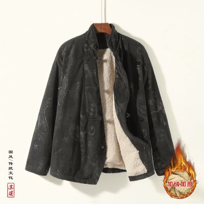 新中式斜领盘扣龙纹暗花灯芯绒羊羔毛夹克棉衣服JK19-P135控158
