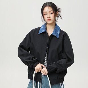 翻领外套男春秋季2026新款宽松美式潮流百搭拼接女生工装夹克