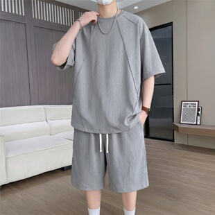 【初创帝】新款冰丝休闲运动套装男灰肌理感速干背心套装男夏