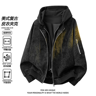 新品PU皮衣男士绒感皮夹克美式复古时尚连帽潮流百搭外套M-4XL