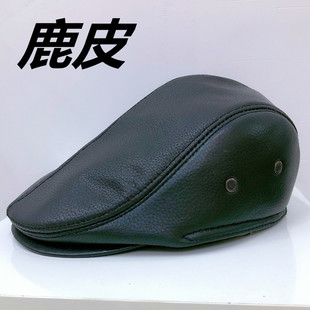 时尚工人鸭舌帽男秋冬季贝雷帽真皮帽子中老年护耳前进帽鹿皮帽子