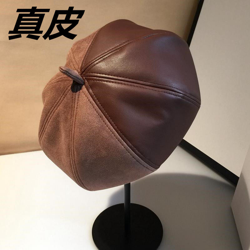 羊皮贝雷帽女秋冬英伦复古休闲