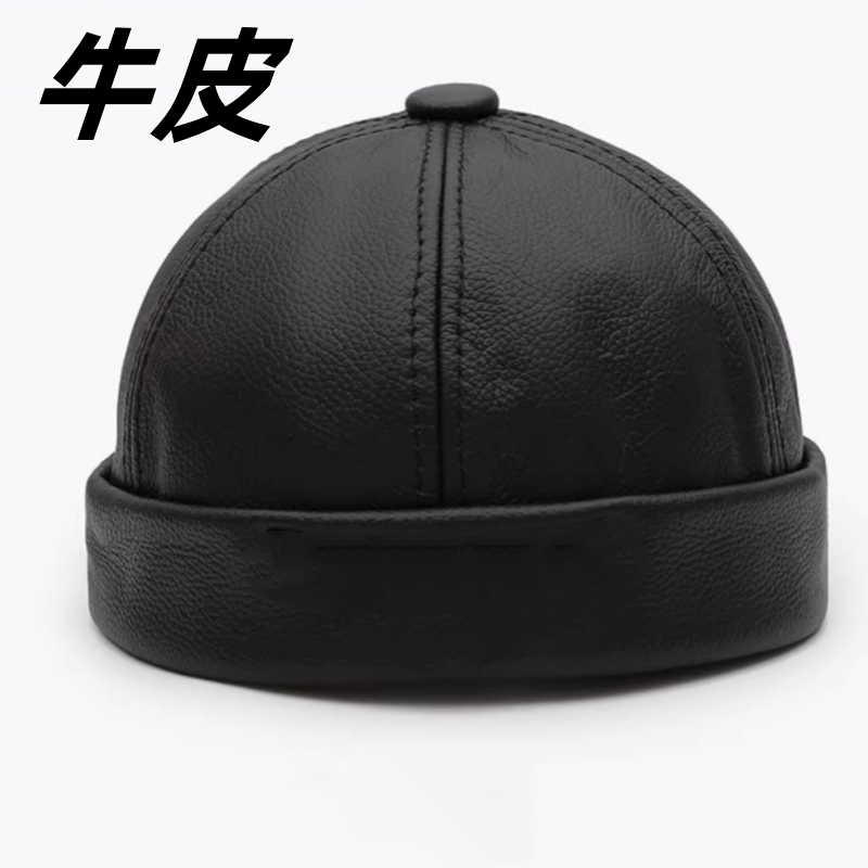 真皮复古瓜皮帽休闲地主帽中老年户外无檐棒球帽秋冬薄款圆帽子男