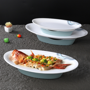 酒店中式仿瓷餐具高脚鱼盘商用椭圆形加热保温干锅酒精上汤鱼盘子