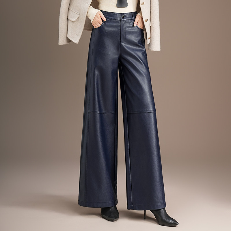 侧拼接阔腿裤皮裤女高腰