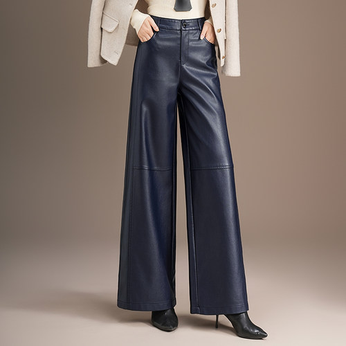 侧拼接阔腿裤皮裤女高腰