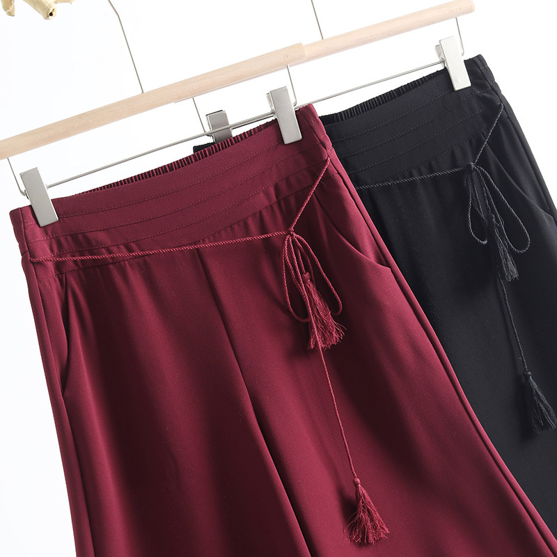 垂感雪纺八九分阔腿裤裙女夏高腰后松紧腰细绳腰带流苏大脚裤裙裤