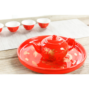 婚庆瓷托盘新婚敬茶杯喜庆传统红色龙新人敬茶壶 结婚茶具套装