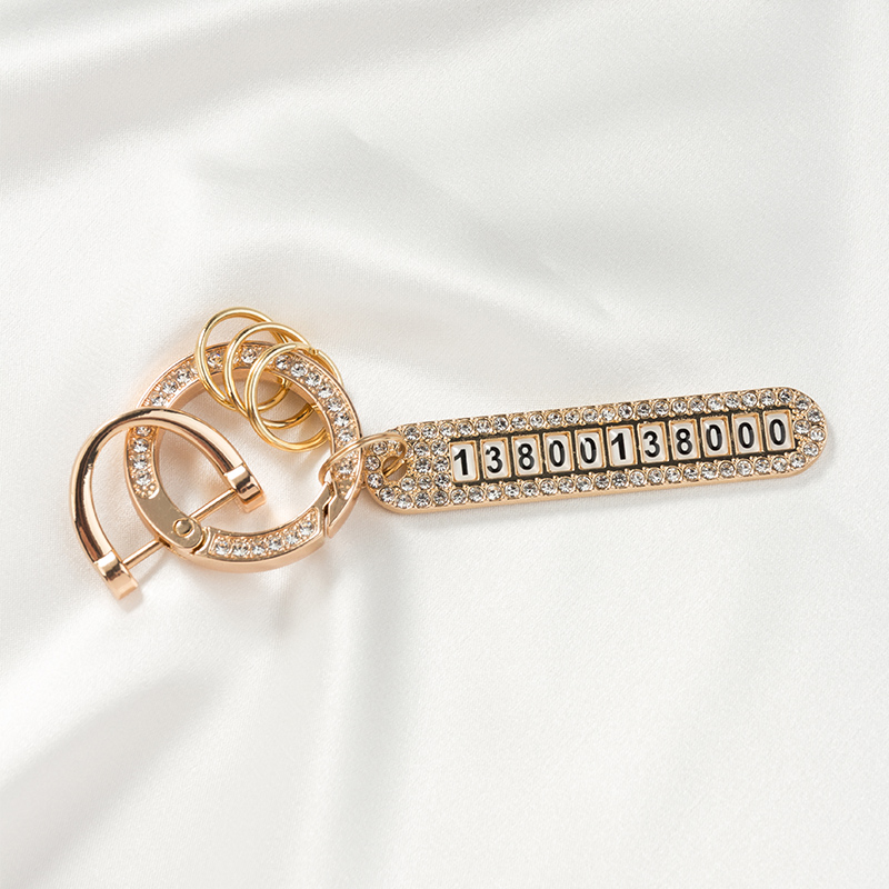 镶钻电话号码防丢牌钥匙扣挂件创意个性汽车链锁匙圈环扣简约挂饰