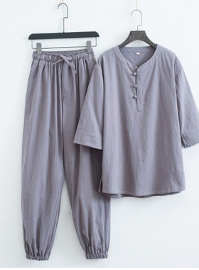 跨境夏季中国风亚麻衬衫套装拜佛禅服中式复古唐装汉服两件套茶服