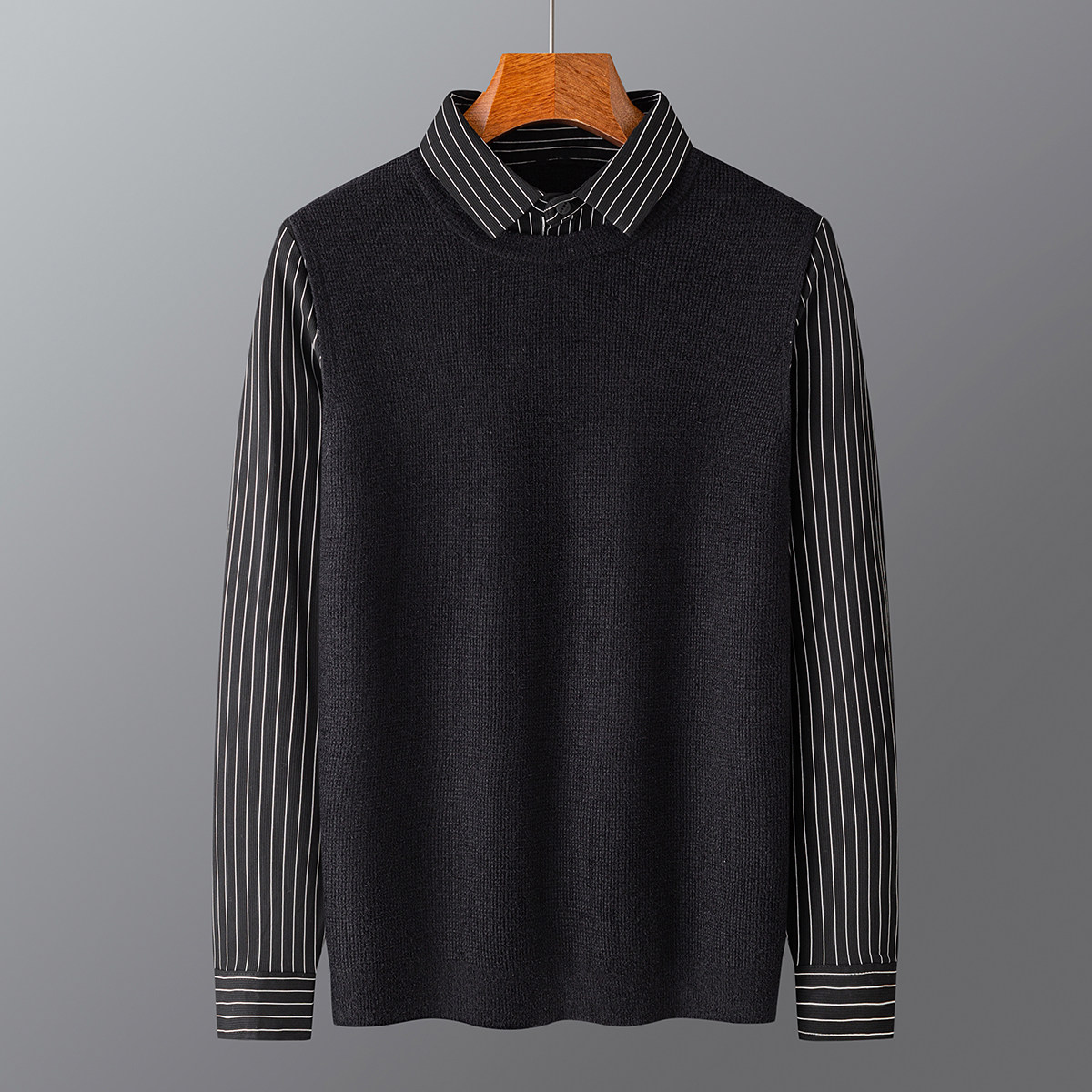 秋季小个子内搭毛衣男假两件针织打底衫商务条纹衬衫领线衫外套潮