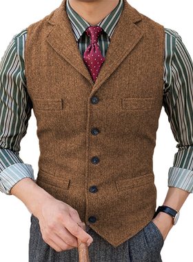 欧美男士复古人字纹单排扣西装马甲商务通勤成熟稳重职业气质坎肩