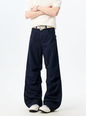 春夏美式复古解构拼接弯刀休闲裤微喇褶皱高级感纯棉工装裤阔腿裤