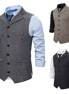 春季新款欧美男士人字呢翻领复古百搭商务马甲背心熟男大叔范马夹