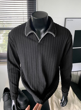 老钱风麦穗纹针织POLO衫男秋季美式卫衣松弛感高知穿搭V领长袖T恤