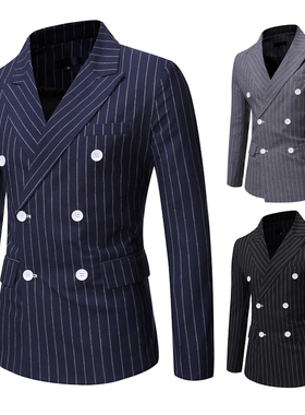 亚马逊外贸西装英伦绅士简约条纹双排扣戗驳领商务成熟潮大叔西服