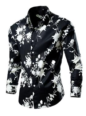 跨境欧美老外复古碎花长袖衬衫旅游度假痞帅发型师花纹衬衣大码男