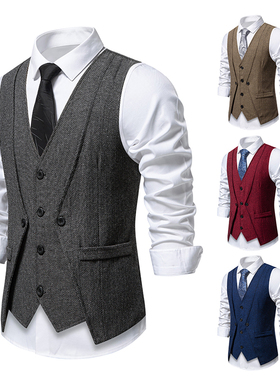 欧美男士复古人字纹商务西装马甲时尚假两件仿毛呢内搭背心坎肩潮