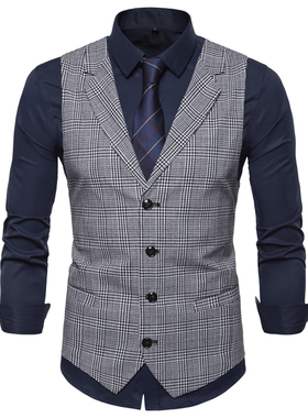 秋季英伦绅士商务休闲格子西装领马甲会所上班单排扣内搭西服背心