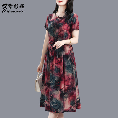 妈妈装夏季人造棉外穿棉绸连衣裙