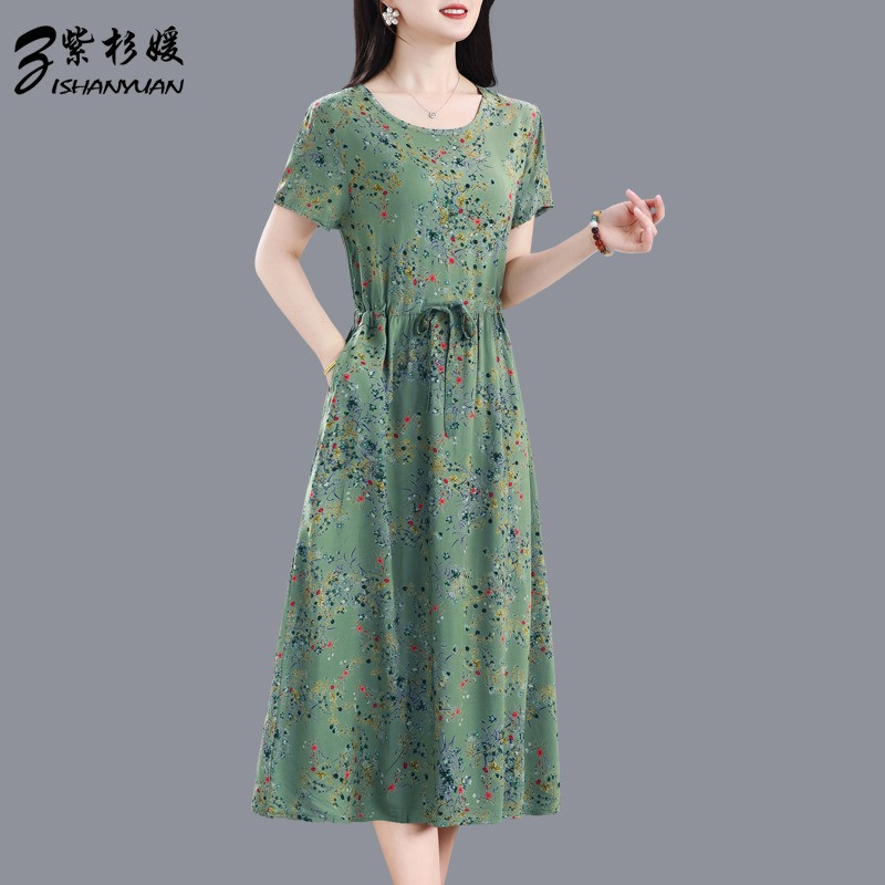 2025夏季新款中老年女装妈妈短袖棉绸人造棉连衣裙中年时尚绵绸裙