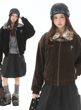 Double L2 美式复古豹纹毛领夹克棉服女冬高级感宽松加厚保暖外套