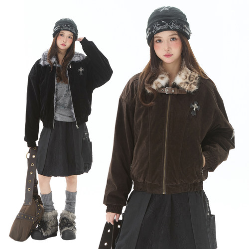 美式复古豹纹毛领夹克棉服女