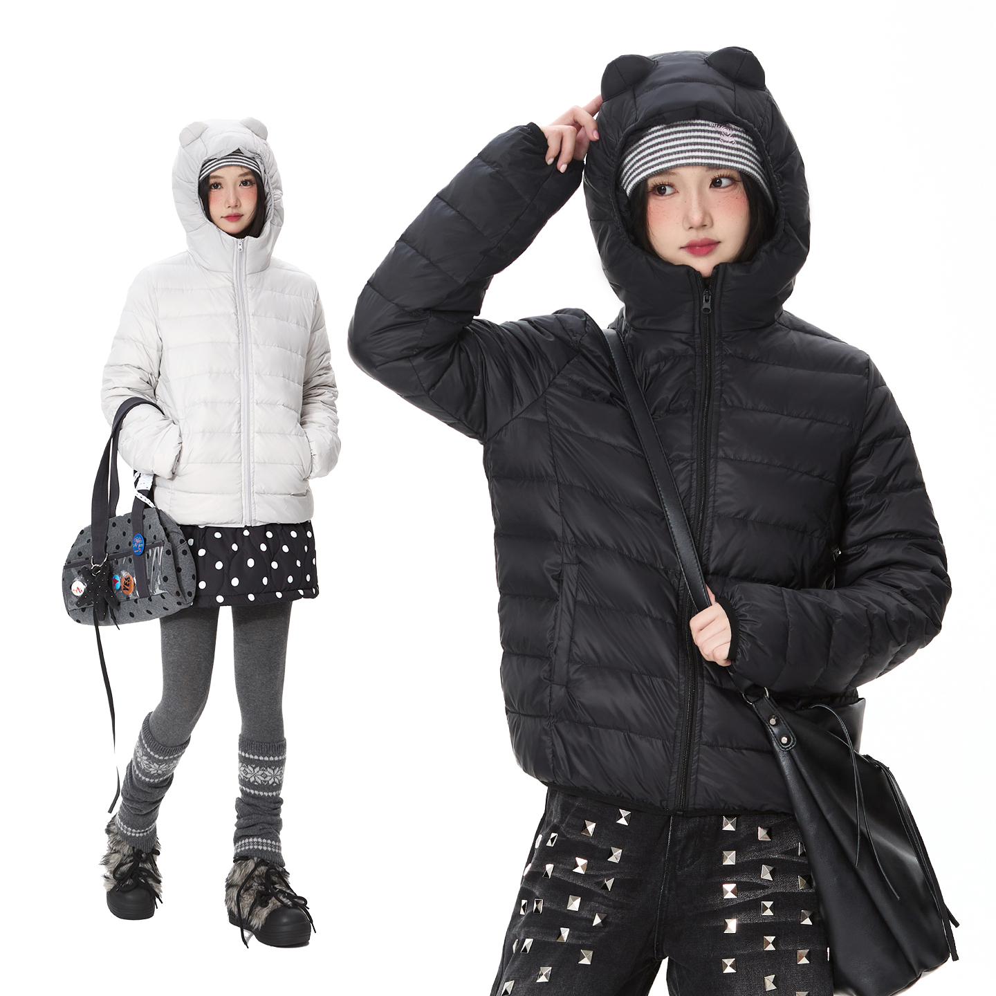 Double L2 熊耳朵90白鸭绒轻薄排骨羽绒服女冬美式基础款保暖外套